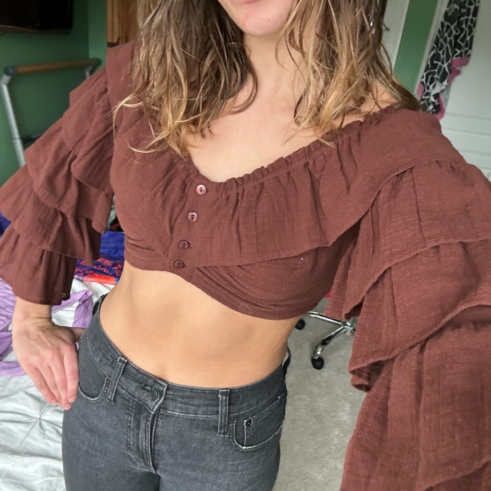 Women's Brown Ruffled Off-Shoulder Top